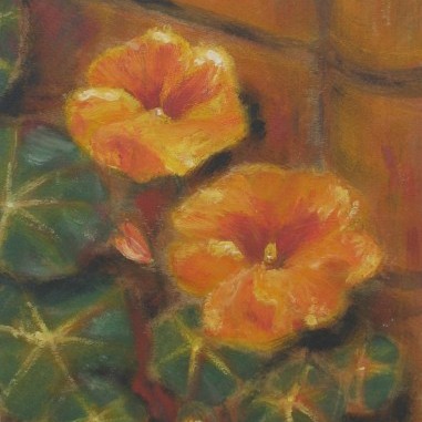 Acrylbild einer orangenen Kapuzinerkresse vor Mauerwerk